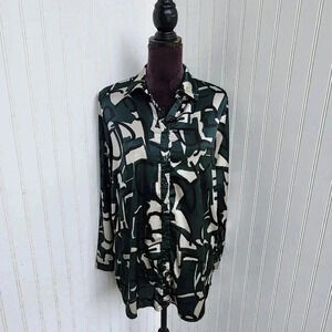 Milk & Honey Long Sleeve Satin Blouse  Satin Shirt Green Ivory Print Sz L